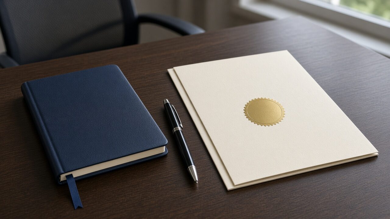 A notebook and a sealed certificate folder