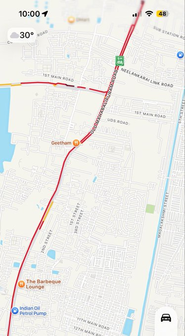 Map of Old Mahabalipuram Road past Geetham, the Thoraipakkam stretch that saw a huge traffic ruckus on the first morning of the new U-turn rules