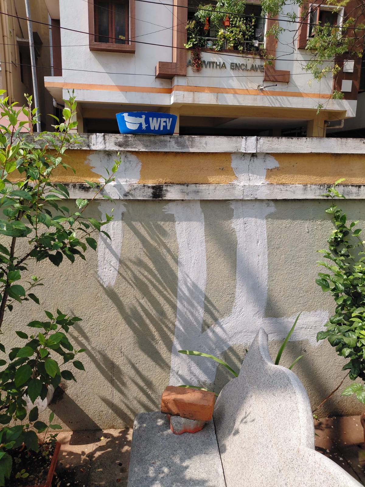 Residents placing water bowls along apartment wall