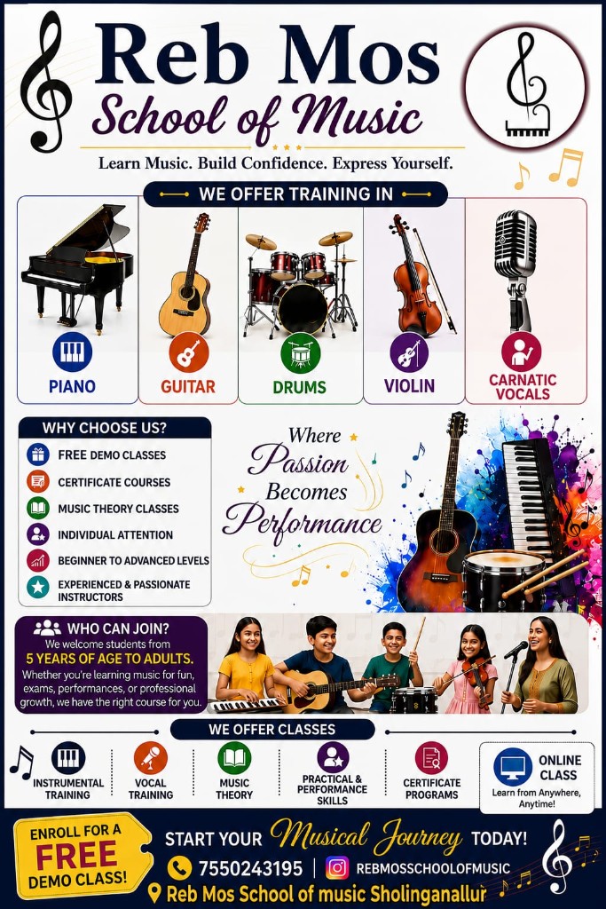 Reb Mos School of Music — piano, guitar, drums, violin & Carnatic vocals (Sholinganallur)
